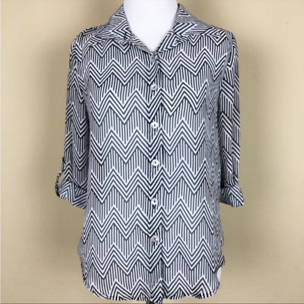 About a Girl Gray and White Chevron Semi Sheer Button Blouse - Size XS